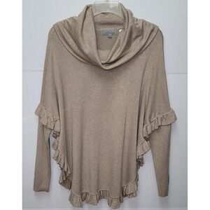 JOSEPH A Cowl Neck Poncho Sweater Ruffled Sleeve/Hem Tan L Lagenlook Preppy Boho